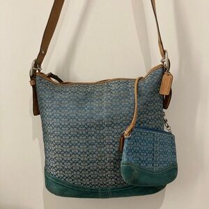 Coach Blue and Brown Shoulder Bag W Matching Wristlet